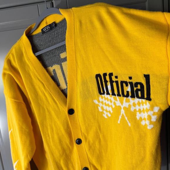 BoohooMAN Boxy Official Moto Car Badge Cardigan,Yellow Black,L - Picture 9 of 10
